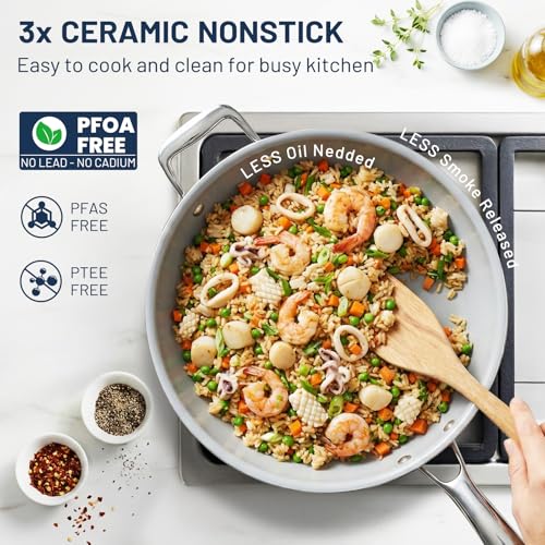 Kikcoin Nonstick Frying Pan with Lid - 12 inch Ceramic Deep Frying Pan for Cooking - 5 QT Large Saute Pan with Stay Cool Handle, Induction Ready, PFAS/PTFE/PFOA Free, All Oven/Dishwasher Safe