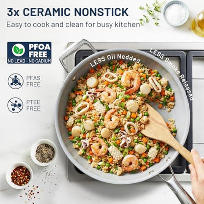 Kikcoin Nonstick Frying Pan with Lid - 12 inch Ceramic Deep Frying Pan for Cooking - 5 QT Large Saute Pan with Stay Cool Handle, Induction Ready, PFAS/PTFE/PFOA Free, All Oven/Dishwasher Safe