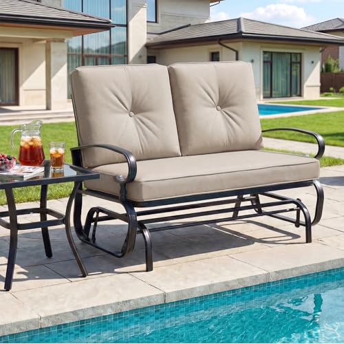 GIANTEX Outdoor Glider Bench, Patio 2 Person Loveseat with Removable Cushion, Thick Padded Seat, Stable Steel Frame, Outside Glider Swing Chair for Deck, Poolside, Yard, Balcony, Porch, Beige