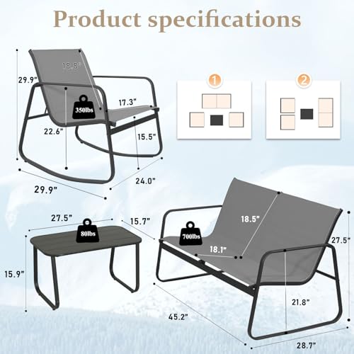 Xalmierre 4-Piece Patio Furniture Set, Outdoor Textilene Conversation Set with Rocking Chairs & Loveseat, with Coffee Table for Garden, Balcony, Poolside（Khaki）