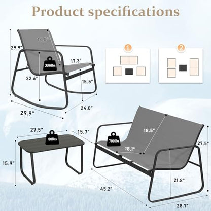 Xalmierre 4-Piece Patio Furniture Set, Outdoor Textilene Conversation Set with Rocking Chairs & Loveseat, with Coffee Table for Garden, Balcony, Poolside（Khaki）