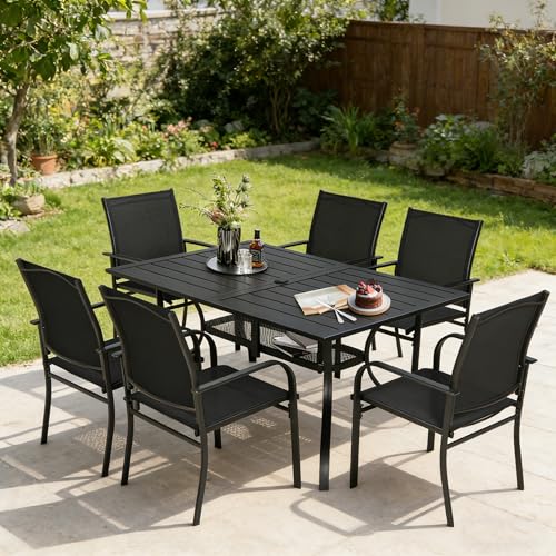 SUNCROWN 7 - Piece Outdoor Dining Set, Patio Furniture Set with 6 x Textilene Dinning Chairs and 1 Steel Slat Metal Bistro Table for Lawn Garden Backyard Deck, Black