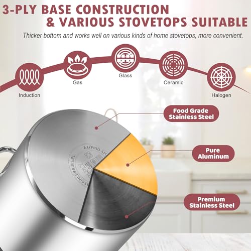 TeamFar 20QT Stock Pot, Stainless Steel Stockpot Large Induction Cooking Pot with Lid & Tri-ply Bottom, for Soup Seafood Cooking, Sauce Canning, Non Toxic & Heavy Duty, Various Stovetops Suitable