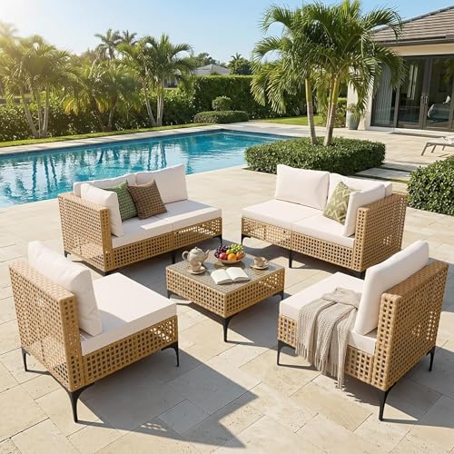 Devoko Patio Furniture Set,7 Pieces Outdoor Wicker Sectional Couch with Thick Cushions &Glass Tabletop, PE Rattan Backyard Conversation Sofa with Coffee Table for Deck, Porch
