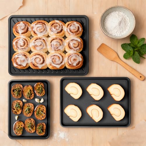Nonstick Cookie Sheets for Baking with Cooling Rack Set of 4, 0.8mm Thick Heavy Duty Baking Sheets for Oven, Half/Quarter/Jelly Roll Pans Oven Trays, Baking Pan Set with Diamond Texture