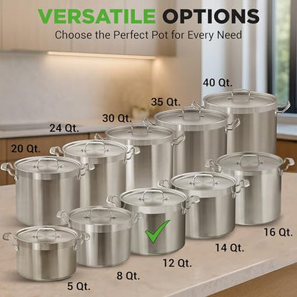 NutriChef 12-Quart Stainless Steel Stockpot with Stainless Steel Lid - 18/8 Food Grade Heavy Duty Large Stock Pot for Stew & Soup, Works w/Induction