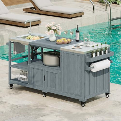 Merax 75.4" Outdoor Kitchen Island with Sink, Solid Wood Outdoor Grill Cart for Big Green Egg Grills, Rolling Outdoor Bar Cart with Stainless Steel Top for Pizza Prep & BBQ, Grey+Blue