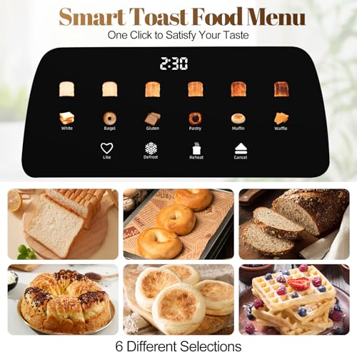 Tesslux 4 Slice Toaster with Touch Screen Control, 1.5" Wide Long Slots, 6 Browning Levels & 6 Bread Types, Digital Timer, Memory, Defrost, Reheat (Black, 4 Slice)