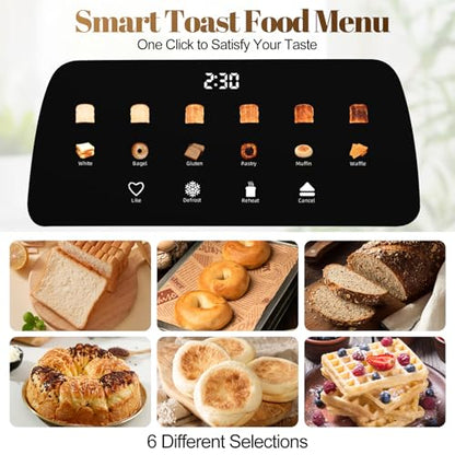 Tesslux 4 Slice Toaster with Touch Screen Control, 1.5" Wide Long Slots, 6 Browning Levels & 6 Bread Types, Digital Timer, Memory, Defrost, Reheat (Black, 4 Slice)