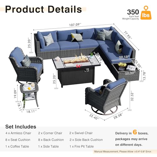 HOOOWOOO Outdoor Patio Furniture with Fire Pit Set 11 Pieces Patio Set with Fire Pit Wicker Outdoor Furniture with Fire Pit Table Set Patio Sectional Set with Swivel Chairs,Denim Blue