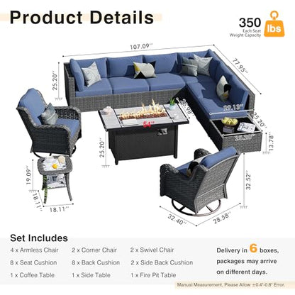 HOOOWOOO Outdoor Patio Furniture with Fire Pit Set 11 Pieces Patio Set with Fire Pit Wicker Outdoor Furniture with Fire Pit Table Set Patio Sectional Set with Swivel Chairs,Denim Blue
