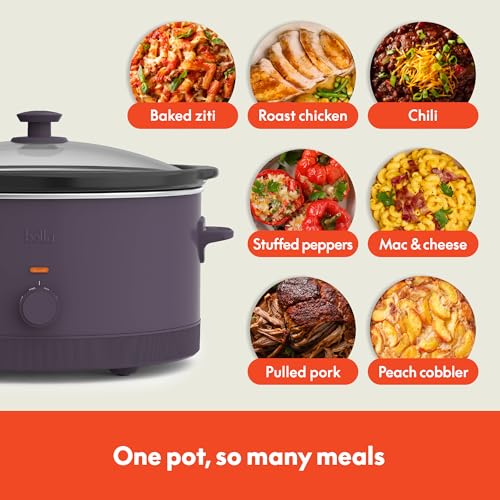 bella 6.0 Qt Manual Slow Cooker, Ceramic Nonstick Coating, 3 Temperature Settings, Dishwasher Safe Stoneware Pot and Tempered Glass Lid, Cool Touch Handles & Tangle Free Cord Wrap, Plum