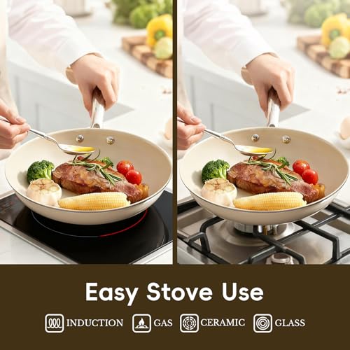 OUBRL Ceramic Non Stick Egg Pans, Nonstick Frying Pan Skillet,8 inch Cooking Pan Non Toxic,Induction Suitable，PFAS-Free Cookware, Dishwasher Safe, Oven and Broiler Safe (Cream White, 8 Inch)