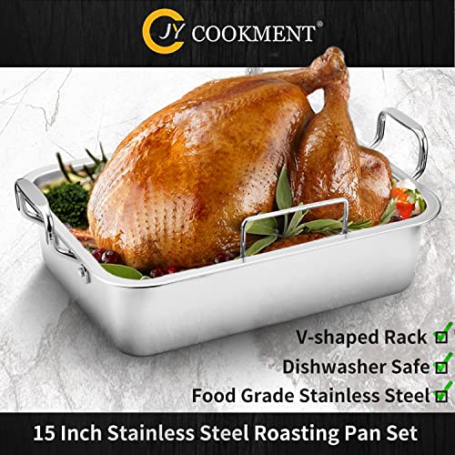 15 Inch Stainless Steel Roasting Pan with V-Shaped Rack and Turkey Baster - Rectangular Roaster for Turkey, Chicken, Vegetables - Fits 20lb Turkey