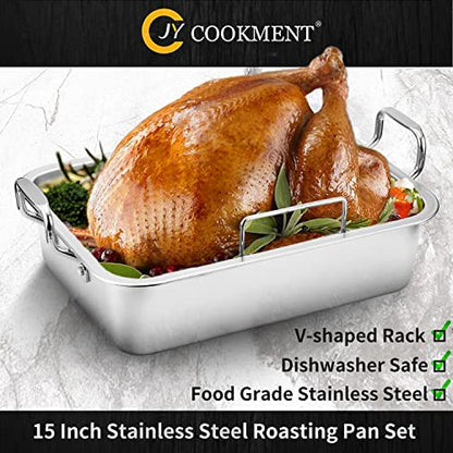 15 Inch Stainless Steel Roasting Pan with V-Shaped Rack and Turkey Baster - Rectangular Roaster for Turkey, Chicken, Vegetables - Fits 20lb Turkey