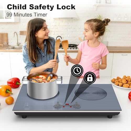 GIHETKUT 2 burner Induction cooktop,110V 4000W induction hot plate with Brushed Panel,Knob Control,9 Power Levels, Kids Lock & Timer,LED touch control 2 burner induction cooker