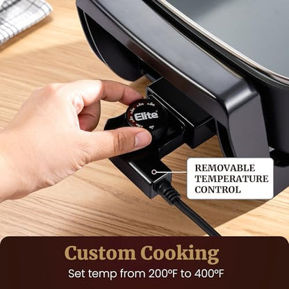 Elite Gourmet 15" x 12" x 4" Electric Skillet, Xtra Deep Dish, Ceralast™ PFAS Free Ceramic, 1500W Rapid Heat, Tempered Glass Vented Lid, Dishwasher Safe, 12.5 Qt., Black/Gray