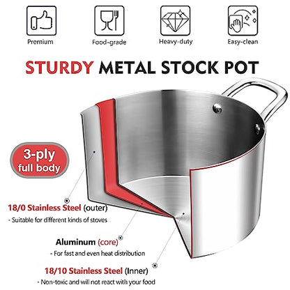 P&P CHEF 8 Quart Tri-Ply Stainless Steel Stock Pot, 8 Qt Stockpot Pasta Cooking Pot with Visible Lid for Soup Vegetable, Induction Cookware for All Stoves, Sturdy & Double Handle, Dishwasher Safe