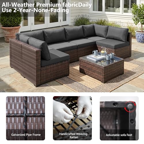 Decksplore 7 Piece Outdoor Patio Furniture Set, Rattan Weather-Resistant Outdoor Conversation Set, Outside Furniture Sectional Sofa Set with 4.3" Anti-Slip Cushions, Glass Table & Rain Cover, Gray