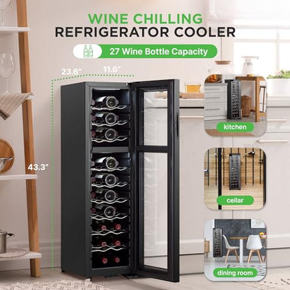 NutriChef 27 Bottle Wine Fridge | Dual Zone Wine Chiller | Adjustable Temperature 41°F to 64°F | Ultra Quiet Operation | Wine Cooler For Home, & Office | Free Standing 43x11x23 IN | Black