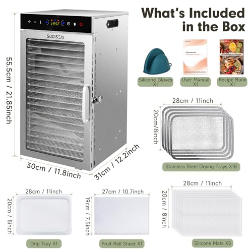SUCISENI Food Dehydrator Machine 1000W 18 Trays Stainless Steel Commercial Food Dehydrated Dryer with 24H Timer Touch-Control LED Display, Compact Size for Home Jerky Herbs Meat Beef Fruit Vegetables