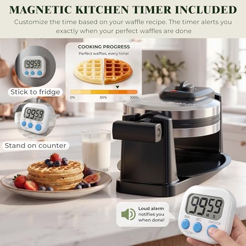 CATTLEMAN Waffle Maker, Rotating Belgian Waffle Maker with Magnetic Timer, 180° Flip Waffle Iron, Nonstick Plates, Adjustable Browning, Drip Tray, Cool Touch Handle for Crispy Family Breakfast