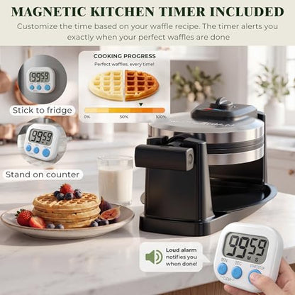 CATTLEMAN Waffle Maker, Rotating Belgian Waffle Maker with Magnetic Timer, 180° Flip Waffle Iron, Nonstick Plates, Adjustable Browning, Drip Tray, Cool Touch Handle for Crispy Family Breakfast