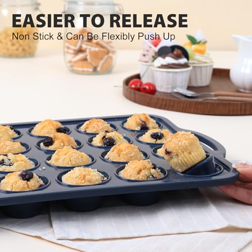Vnray 2 Pack Silicone Muffin Pan 12 and 24 Cup with Metal Frame,Non Stick Silicone Mini Cupcake Pan with Handles, BPA Free Silicon Regular Muffin Tin Tray Small for baking, egg bites, Mold Grey