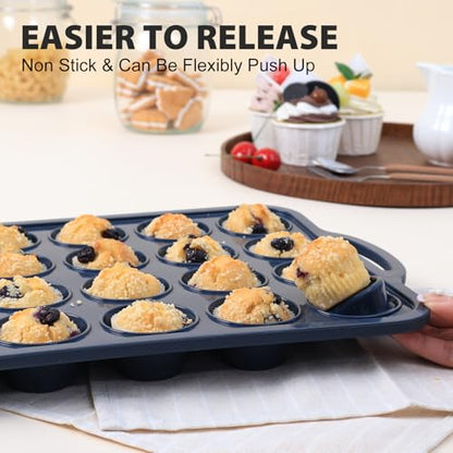 Vnray 2 Pack Silicone Muffin Pan 12 and 24 Cup with Metal Frame,Non Stick Silicone Mini Cupcake Pan with Handles, BPA Free Silicon Regular Muffin Tin Tray Small for baking, egg bites, Mold Grey