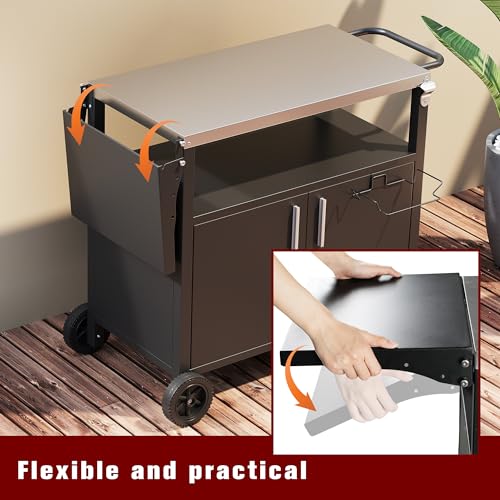 Vongrasig Grill Cart with Storage, Outdoor Bar Cart Rolling BBQ Movable Pizza Oven Table Stand with Foldable Stainless Steel Top & Storage Cabinet, Black
