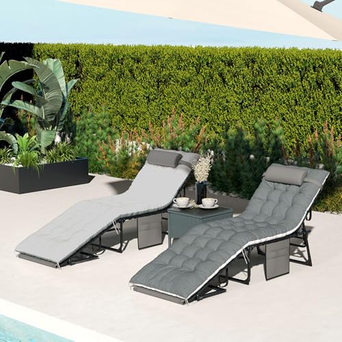Outsunny Chaise Lounge Chair Outdoor Set of 2, 5-Position Adjustable Outdoor Pool Lounge Chairs, Folding Tanning Chair Beach Lounger with Cushion, Headrest, Side Pocket for Patio, Yard, Gray