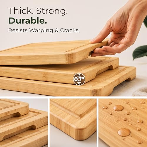 Set of 3 Bamboo Cutting Boards for Kitchen - Thick & Durable Wood Cutting Boards Set with Deep Juice Grooves & Build-in Handles, Large Surface, Easy to Clean – for Meat, Vegetables and Fruits