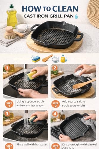 KitchenLife Co 8.5" Personal Sized Pre-Seasoned Cast Iron Grill Pan with Heat-Resistant Oak Wood Base, Square Stovetop Pan with Dual Handles & Pour Spouts, Oven & BBQ Ready, Lasts Decades