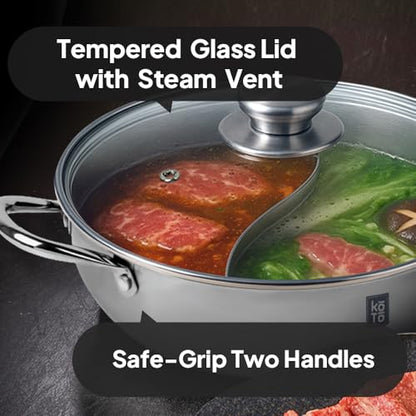 KOTO 304 Stainless Steel Divided Hot Pot – 11”, 4.5L Shabu Shabu Pot with S-Shaped Divider for Spicy & Mild Broths (Double-Sided)