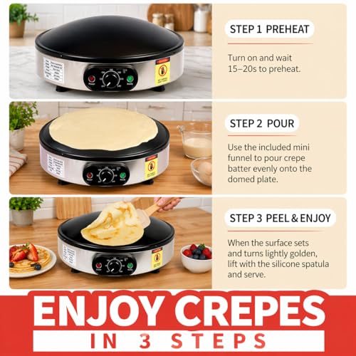 SuYiFan Crepe Makers, 16-Inch Electric Roti and Tortilla Maker, 1600W Large Non-Stick Convex Dome Griddle, Commercial Grade Saj Bread Maker & Crepe Machine, Adjustable Temp up to 460°F,Stainless Steel