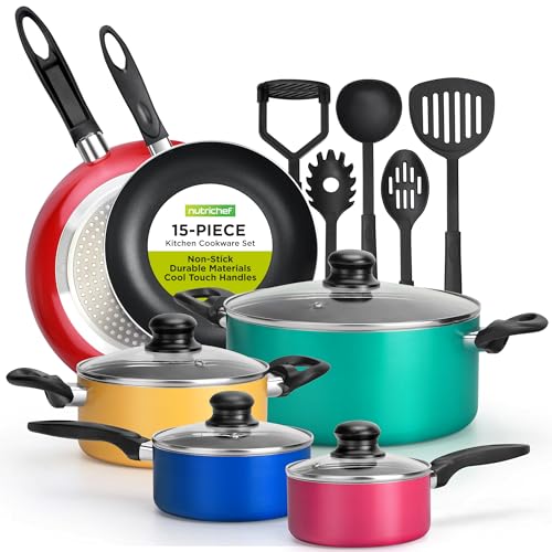 NutriChef 15-Piece Colorful Pots and Pans Set - Heat Resistant Lacquer Cookware Set with Saucepot, Frying Pans, Oven Pot, Lids, Utensil set - All Cooktop Compatible Including Induction