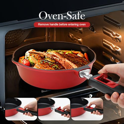 Bobikuke 10 Inch Deep Frying Pan with Lid, Non Stick Frying Pans Saute Pan, Nonstick Skillet Cooking Pan Kitchen Pans, Compatible with All Stoves, Detachable Handle, Oven Safe, PFOA Free, Red (4 Qt)