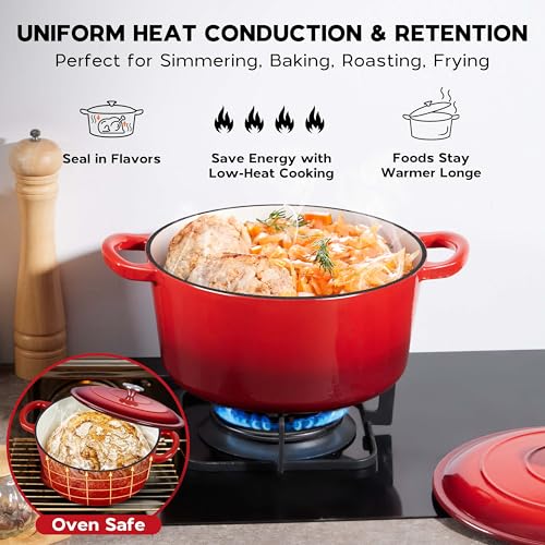 3QT Dutch Oven Pot with Lid, Onader Enameled Cast Iron Small Dutch Oven for Bread Sourdough Baking, Heavy Duty - Red