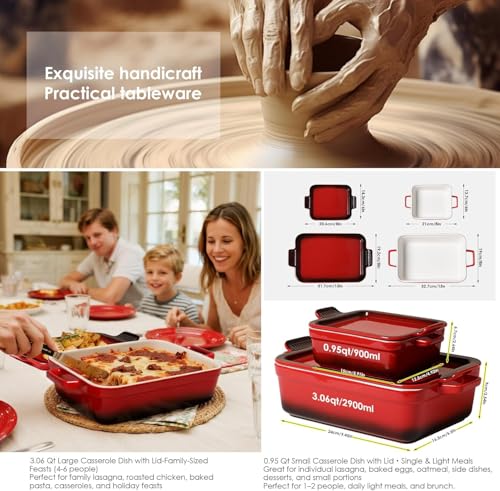 ACMLIFE Ceramic Casserole Dishes with Lids, Baking Dish for Oven with Lid, Stoneware Rectangular Dish 4 Pcs Set, Red 2-in-1 Bakeware Set (13"x8"+8"x6"), Large 3.06 Qt & Small 0.95 Qt Ceramic Bakeware, Casserole Dishes for Oven Baking Pan with Handles, Ide