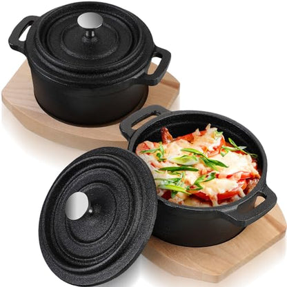 2 Sets Dutch Oven Pot with Lid and Wooden Base Pre Seasoned Cast Iron Casserole Mini Cast Iron Pot Round Cocotte with Handle Heavy Duty Cookware for Christmas Thanksgiving Party Gift Black(17 Oz)