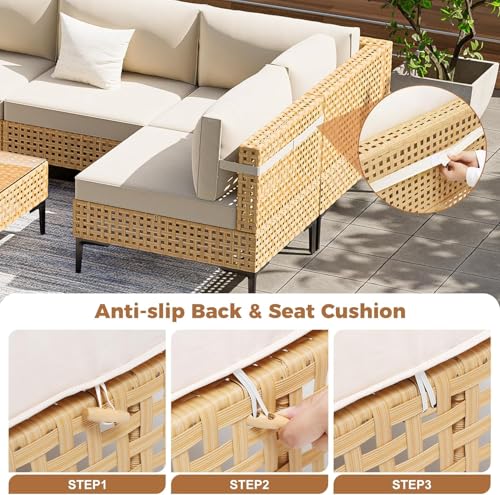 WELYAS Outdoor Sectional 5 Piece Modular Patio Furniture Set Free Combination Outdoor Couch with Thick Cushion All Weather Wicker Patio Conversation Sets for Backyard, Deck, Poolside