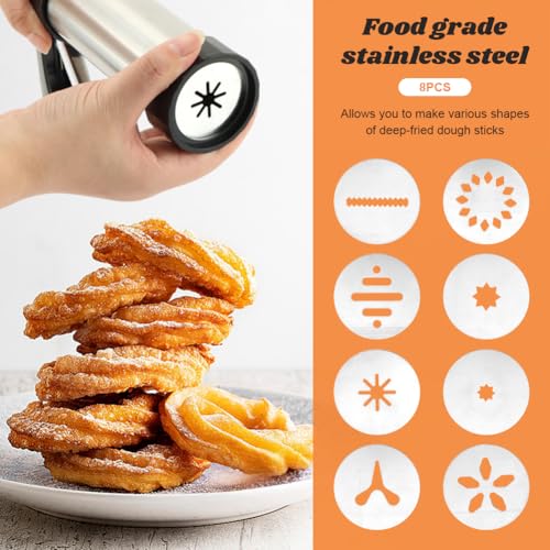 Stainless Steel Churro Maker Machine with 8 Discs Nozzles and 8 Piping Tips Cleaning Brush & Filling Piping Bag,maquina Para Hacer Churro cookie press