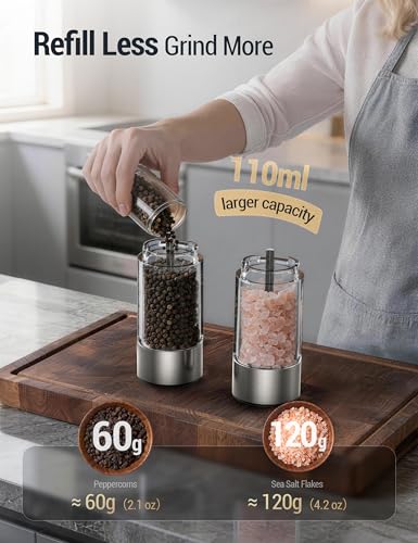 ThermoMaven Upgraded Larger Capacity Electric Salt and Pepper Grinder Set, 110ml Rechargeable Salt and Pepper Shaker with LED Light, Stainless Steel Automatic Pepper Mill with 6 Adjustable Coarseness