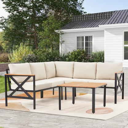 EROMMY 6 Pieces Patio Furniture Sets, Metal Outdoor Sectional Furniture L Shape Patio Conversation Sets with Fauxwood Coffee Table & 6.5" Olefin Cushions for Backyard, Garden, Poolside