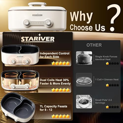 Stariver Hot Pot Electric with Divider, 7L Shabu Shabu Pot, 2-Temp Control (Separate Settings per Side) Non-Stick Hotpot Pot Electric, Perfect for Family Dinners & Parties