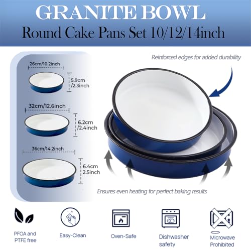 3-Pack Enamel Roasting & Baking Pan Set 10/12/14 Inch Round Cake Pans, High Temperature Resistant Baking Dishes for Turkey Pizza Casseroles Oven Bakeware PFOA & PTFE Free Ideal Gift for Mom - CookWare