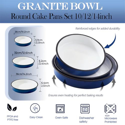 3-Pack Enamel Roasting & Baking Pan Set 10/12/14 Inch Round Cake Pans, High Temperature Resistant Baking Dishes for Turkey Pizza Casseroles Oven Bakeware PFOA & PTFE Free Ideal Gift for Mom - CookWare