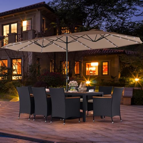 Tangkula 11 Pieces Patio Dining Set with Double-Sided Led Patio Umbrella (Base Included), with 8 Stackable Chairs, Acacia Wood Dining Table and Large Umbrella with Solar Lights (Coffee + Off White)