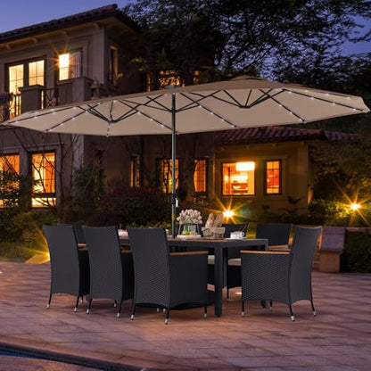 Tangkula 11 Pieces Patio Dining Set with Double-Sided Led Patio Umbrella (Base Included), with 8 Stackable Chairs, Acacia Wood Dining Table and Large Umbrella with Solar Lights (Coffee + Off White)