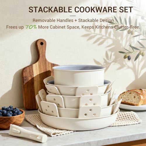 Ammeloo 18-Piece Ceramic Pots and Pans Set Non Stick, Non Toxic Cookware Set with Removable Handles, Pot Sets for Cooking, Induction Ready, Dishwasher & Oven Safe, PFAS PFOA & PTFE Free (Cream White)